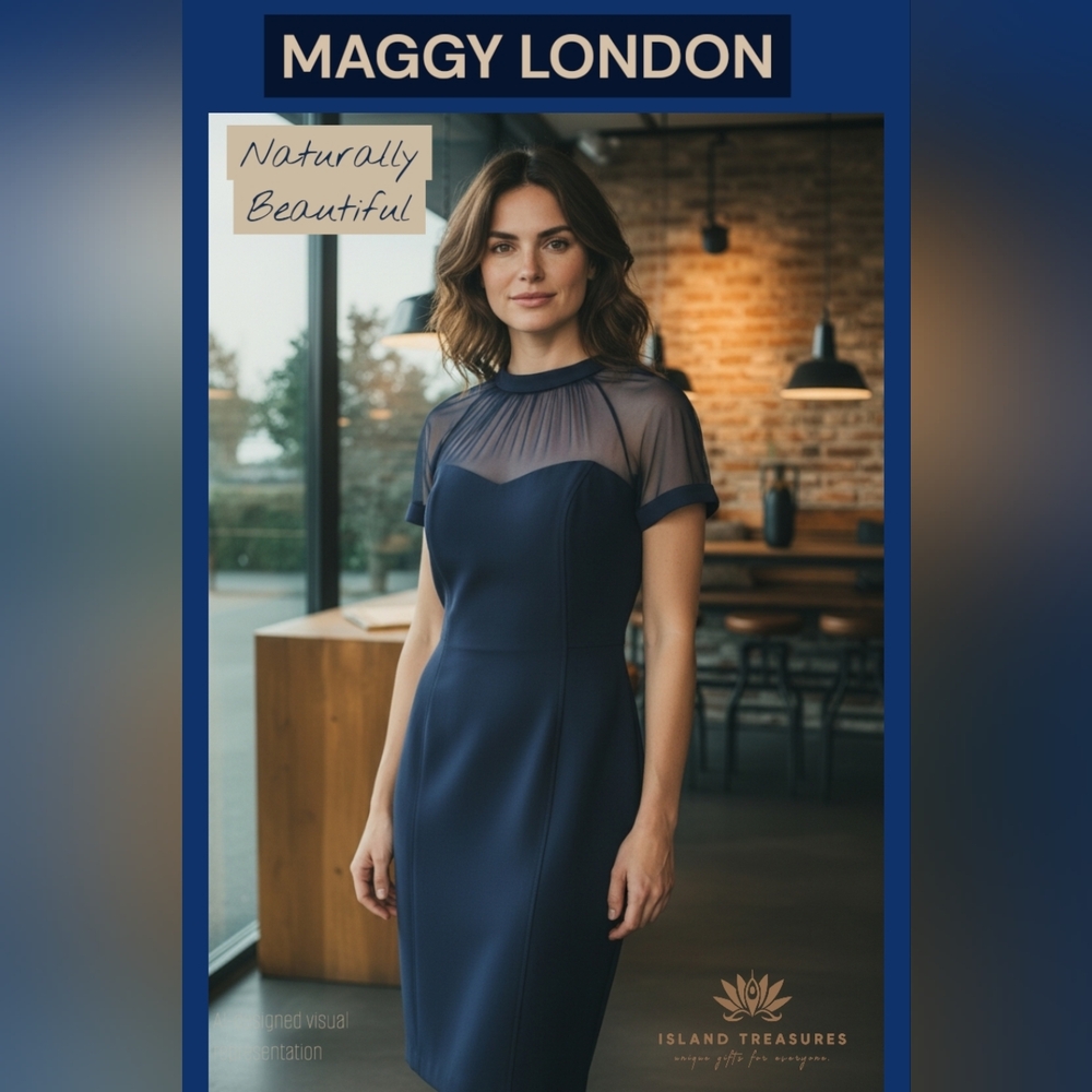 Maggy London Sheer Illusions Size 16 Navy Midi Dress Crepe V-Back Jewel Neckkine